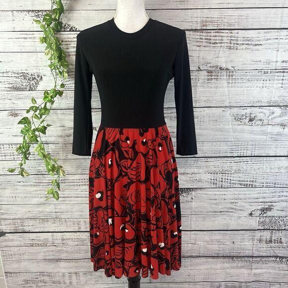 Kamalikulture Dress sz Small Black Red Floral Stretch Knee Modest Career Church - Picture 2 of 16